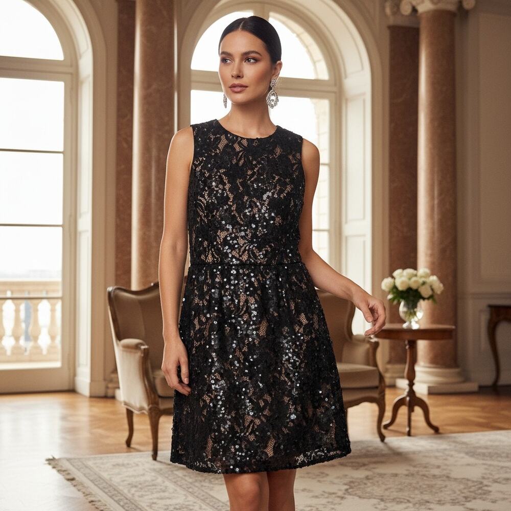 Dress the Population Black Sequin Lace Dress Size L NWT